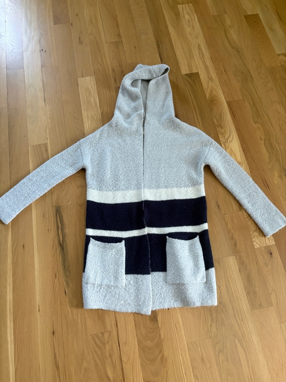 vestique Hooded Open Cardigan Sweater - Light Gray, Navy & Cream